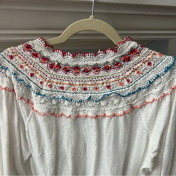 Free People Siesta Fiesta Embroidered Boho Knit Top Peasant Henley Med - Picture 10 of 12